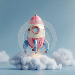 Pink and White Rocket Launching from Fluffy Clouds