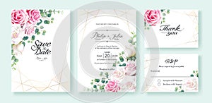 Pink and white rose flowers Wedding Invitation, save the date, thank you, rsvp card Design template. Vector. Silver dollar
