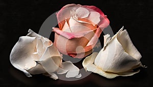 a pink and white rose sitting on top of a tabl