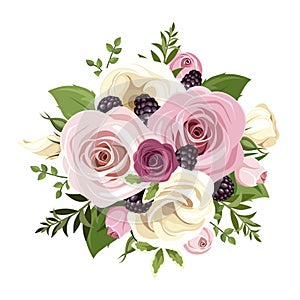 Pink and white roses and lisianthus flowers. Vector illustration. photo
