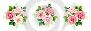 Pink and white roses. Set of vector rose bouquets