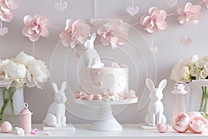 Pink and white themed easter party table decor