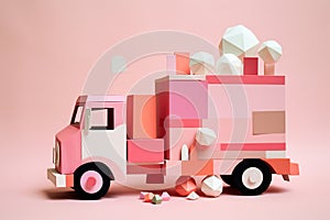 Pink and white truck with pieces of paper
