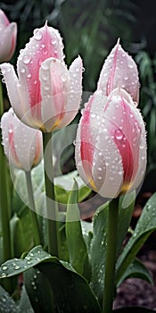 Pink And White Tulips With Water Droplets In Todd Mcfarlane Style