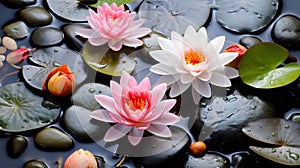 Pink and white water lilies around the leaves of the stone. Flowering flowers, a symbol of spring, new life