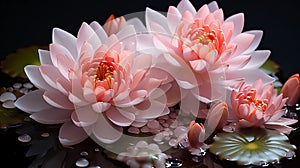 Pink and white water lilies on the water. Flowering flowers, a symbol of spring, new life