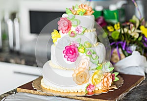 Pink and White Wedding Cake with Roses