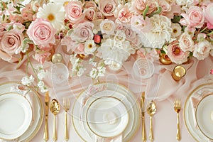 Pink and white wedding table setting with gold dishes. Generative AI