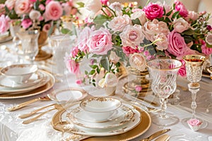 Pink and white wedding table setting with gold dishes. Generative AI