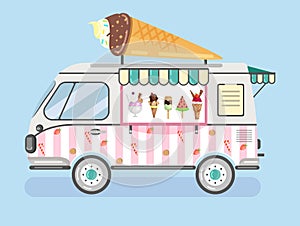 A pink-and-white wheeled van that sells various types of ice cream