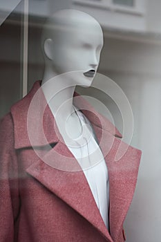 pink winter coat on mannequin in fashion store showr