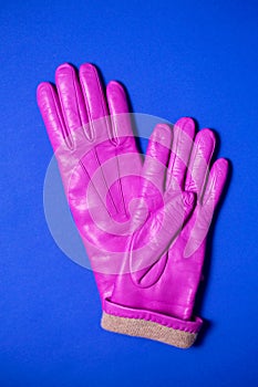 Pink winter gloves made of soft genuine leather and wool lining