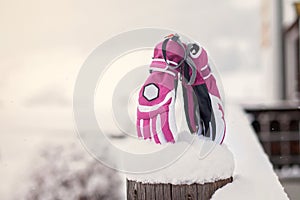 Pink Winter Snow Gloves ourdoor in the snow photo