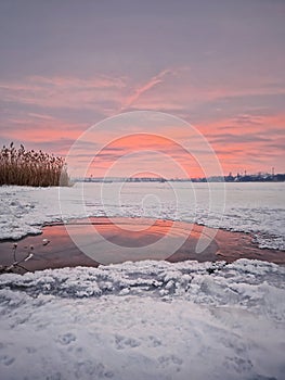 Pink winter sunset over the frozen lake in a snowy day