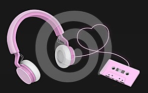 Pink wireless headphones link cassette tapes , 3d rendering