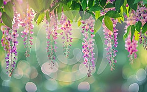 Pink wisteria flowers in full bloom cascade elegantly against a sunlit bokeh background, creating a captivating natural