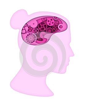 Pink woman head silhouette with gears in brain.