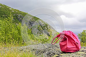 Pink woman`s bag forgotten in Norwegian countryside in Norway