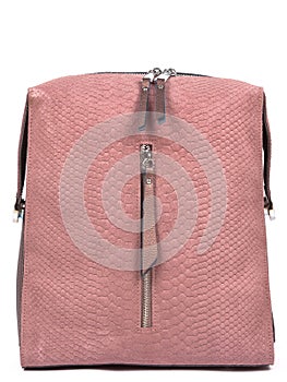 Pink woman's leather fashion backpack on white background