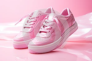 Pink women's leather sneakers without logo on a pink background. Youth shoes. Side view