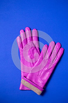 Pink women`s winter gloves made of soft genuine leather and wool lining