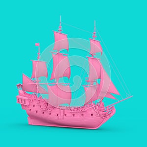 Pink Wooden Vintage Tall Sailing Ship, Caravel, Pirate Ship or Warship in Duotone Style. 3d Rendering