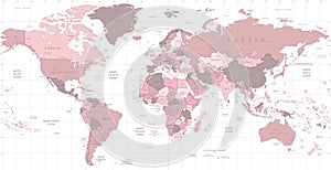Pink world map with names of countries and their capitals
