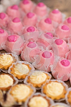 Pink and yellow cupcakes on banquet table.