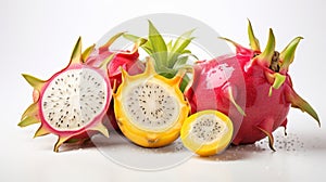 Pink Yellow dragon fruit and dragon fruit slices isolated on white background.