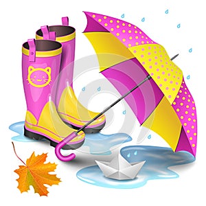 Pink-yellow gumboots, childrens umbrella,falling maple leaves