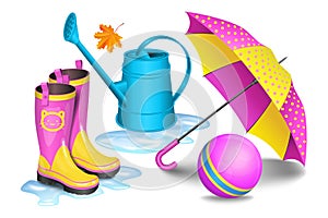 Pink-yellow gumboots in puddles, children umbrella, blue can