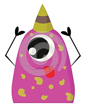 Pink and yellow one-eyed party monster with a party hat and toung out vector illustration