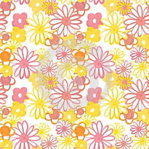 Pink, yellow and orange floral seamless pattern. Bohemian vintage pattern in 60s and 70s style. Flower power