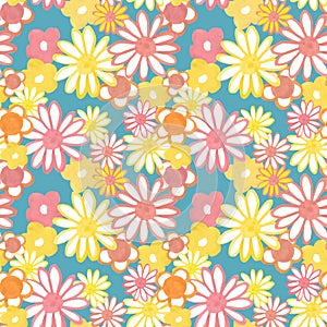 Pink, yellow and orange floral seamless pattern. Trendy bohemian vintage pattern in 60s and 70s style. Flower power