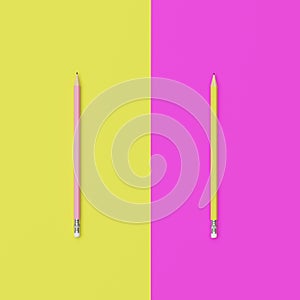 Pink and yellow pencils on pastel pink and yellow contrast background