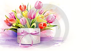 Pink, yellow and red tulips in the round gift box. Watercolor style. Perfect for Woman's Day, Mother’s Day