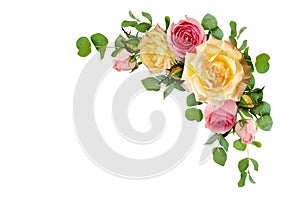 Pink and yellow rose flowers with eucalyptus leaves in a corner