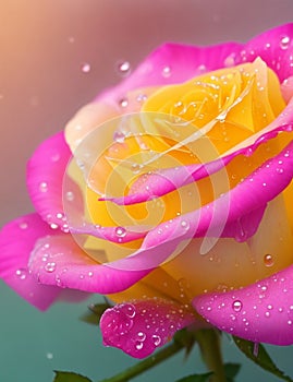 Pink-yellow rose with green leaves There are water droplets on the petals