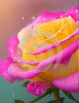 Pink-yellow rose with green leaves There are water droplets on the petals