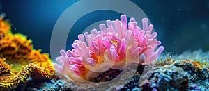 Pink and Yellow Sea Anemone on Coral