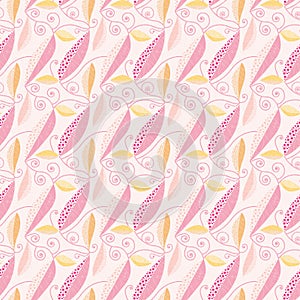 Pink and yellow seamless leaves pattern tile. flourish seamless design