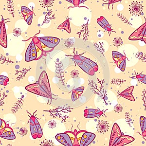Pink and yellow summer pattern with flying moths and plants. Repeat background with night butterflies
