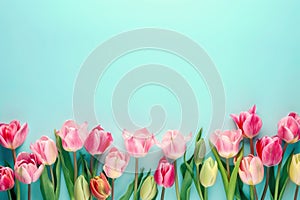 Pink and yellow tulips creating a colorful row on a serene blue background