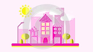 Pink with yellow urban landscape in a flat style. The city with houses with sloping roof and various beautiful tiles with a lanter