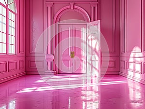 pink and yellow wall background with scenic door, Barbie style, Barbie backdrop , baroque room