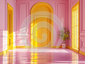 pink and yellow wall background with scenic door, Barbie style, Barbie backdrop , baroque room