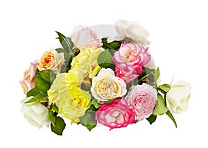 Pink, yellow and white roses bouquet on a white background