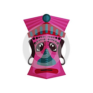 Pink Zulu mask with traditional ornaments. Ethnic ritual attribute of African tribes. Flat vector design for poster or