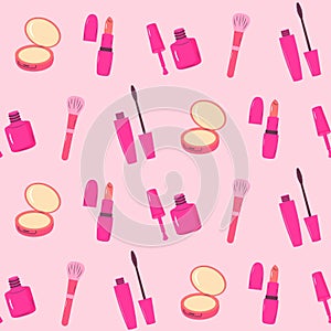 Pinkcore glamour seamless pattern. Pink pattern with makeup cosmetics