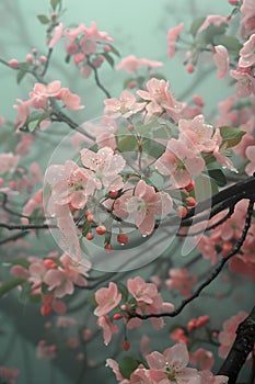 A pinkflowered tree with green leaves on a foggy day